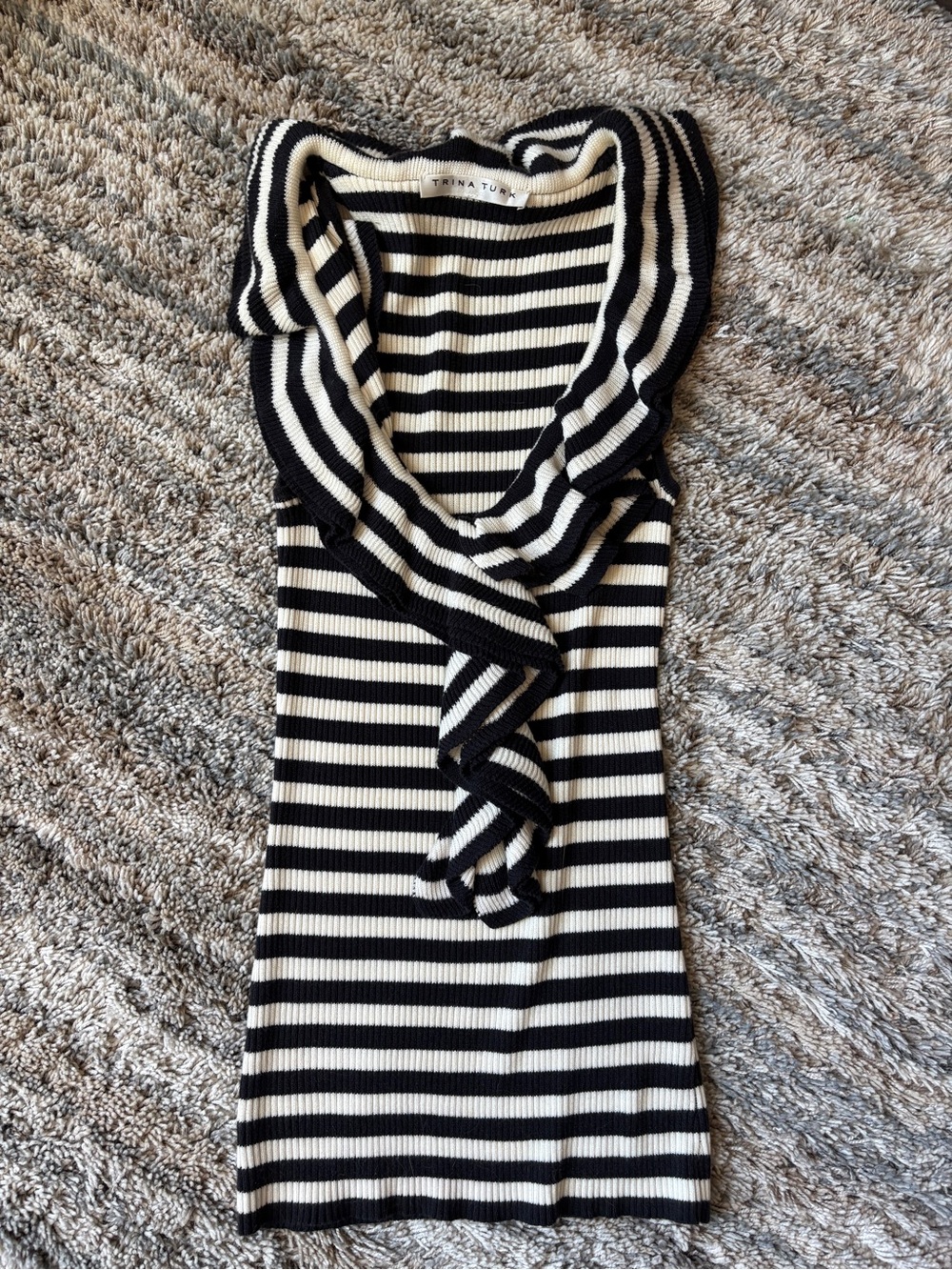 Trina Turk Navy & White Striped Ruffle-Neck Tank Top